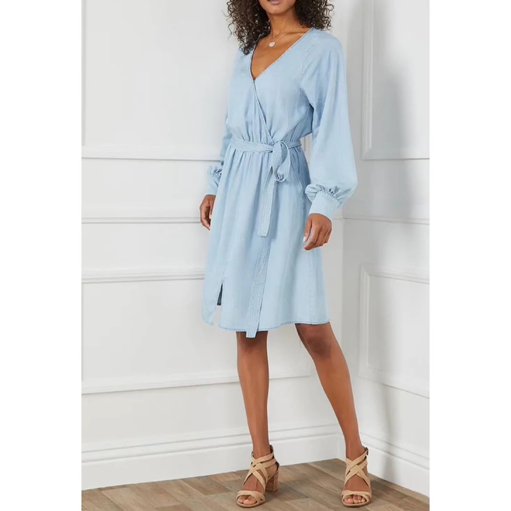 Karen Kane sz M Womens Soft Denim 100% Tencel Blue Faux Wrap Puff Sleeve Dress